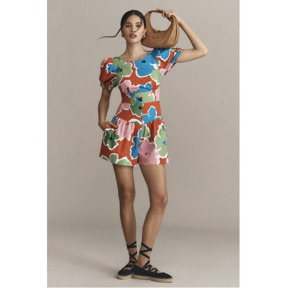 Anthropologie Tracy Reese Puff Sleeve Skirty Romper Sz L 100% Organic Cotton - Picture 1 of 10